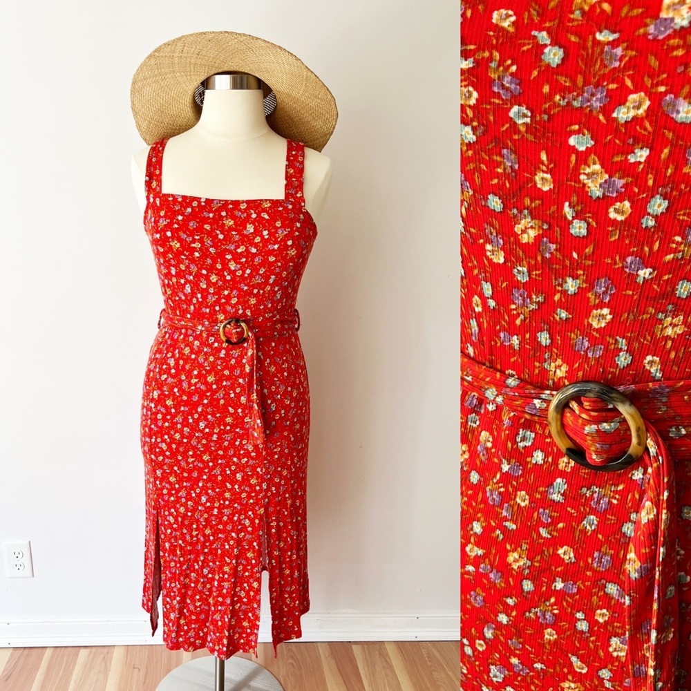 Mason & Belle Midi Dress Red Floral‎ Ribbed Belted Square Neck Stitch Fix